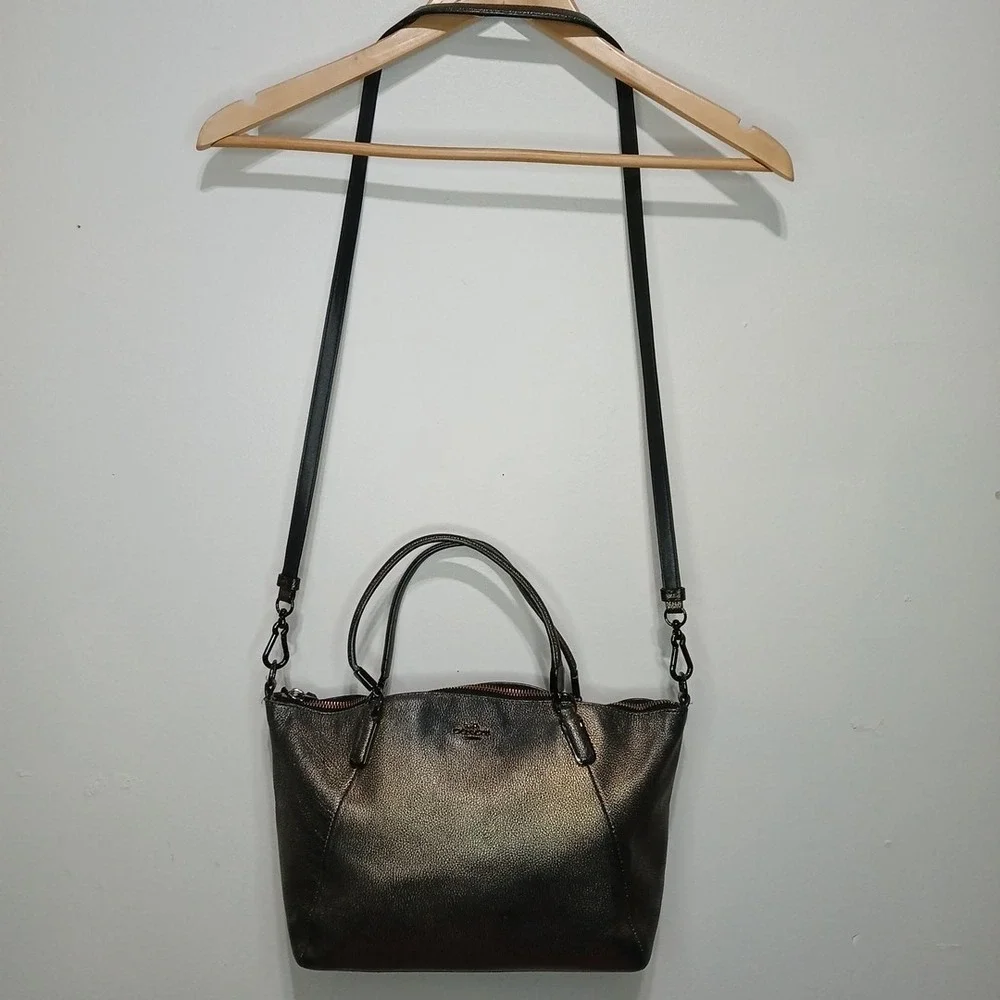 COACH Black And Copper Metallic Pebbled Leather Kelsey Crossbody Bag Purse